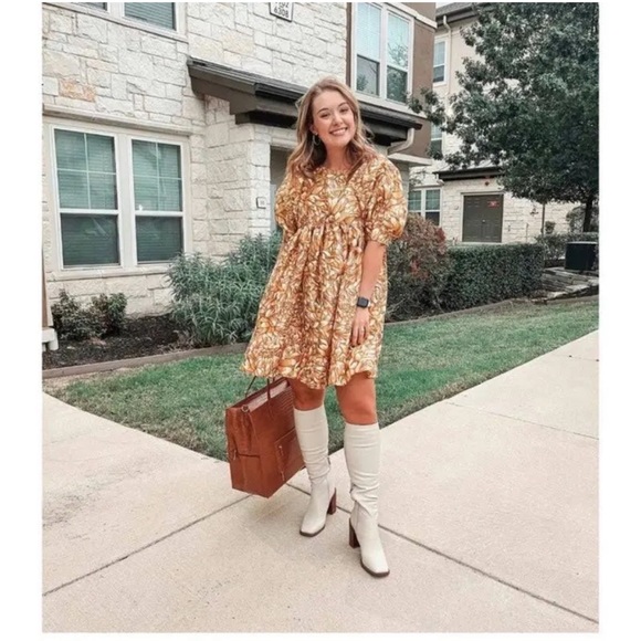 NWT Kika Vargas Gold Mum Puff Sleeve Dress with Pockets - Picture 7 of 12